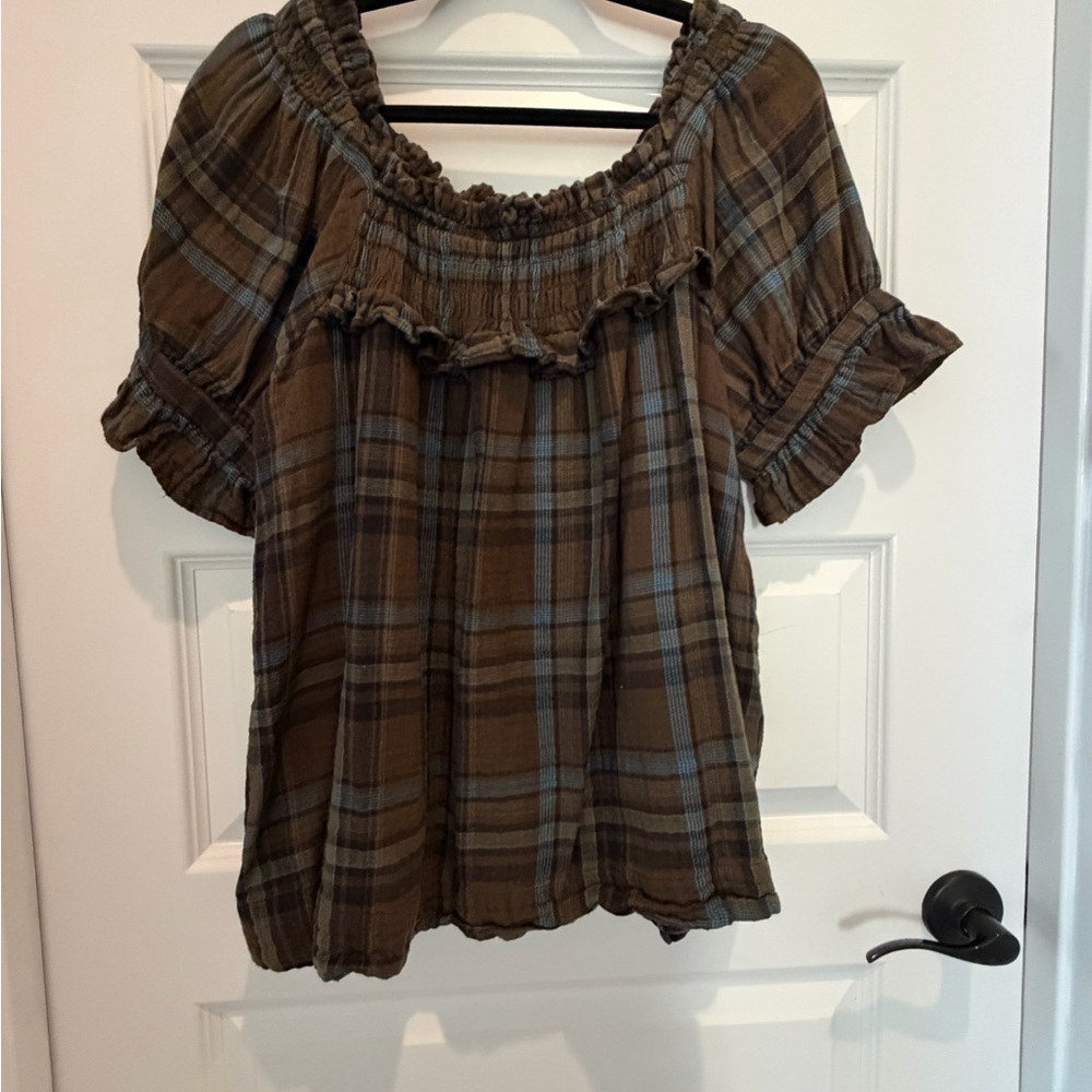 Ivy Jane Brown and Blue Plaid Ruffle Blouse
